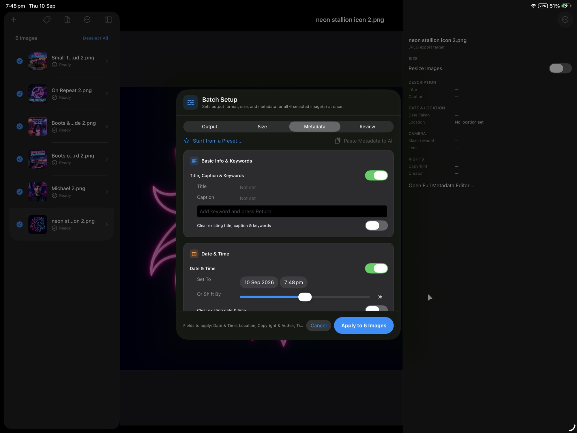 Batch Setup wizard open over the iPad workspace with six images queued and ready