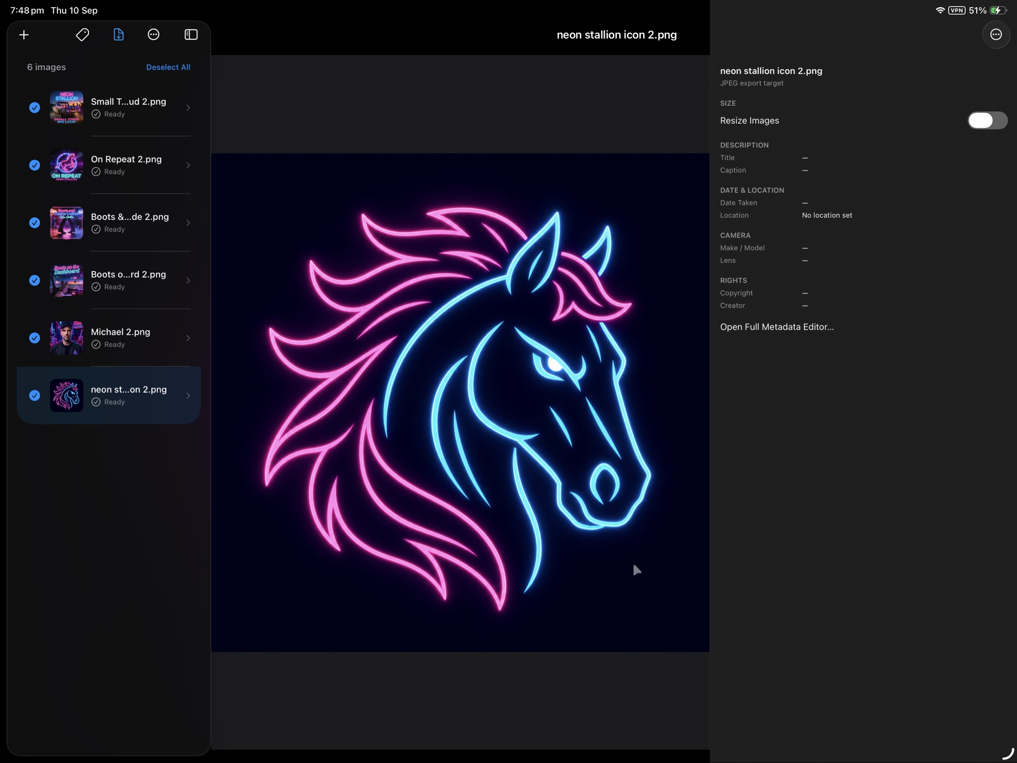 Agent Image on iPad with the image queue, a full preview and the metadata inspector all on one screen