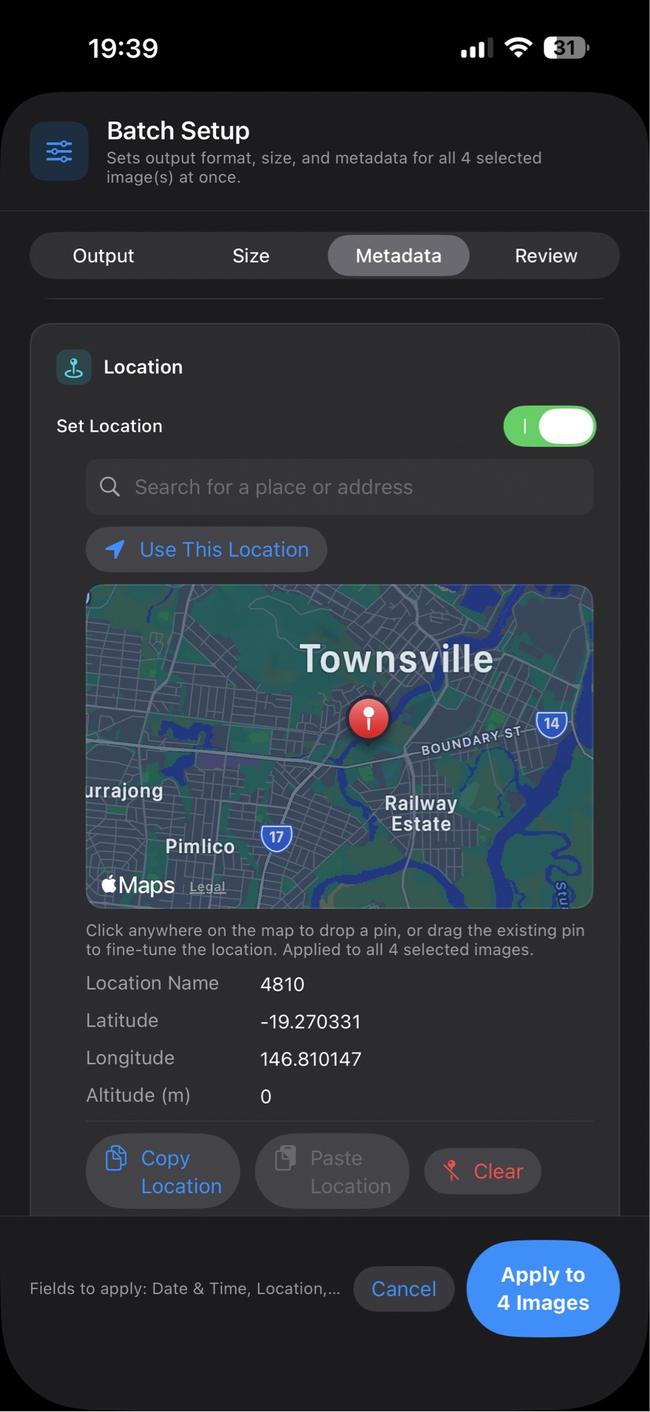 Location editor with a map picker, coordinates, and copy or clear controls