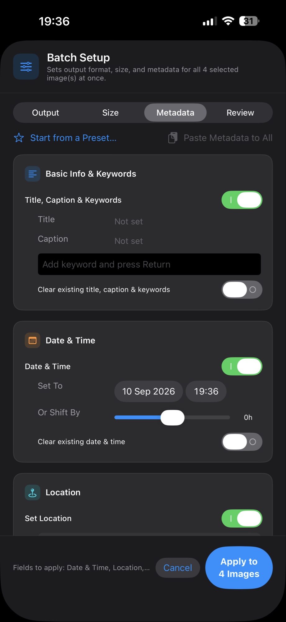 Batch Setup Metadata tab with title, caption, keywords, date and location controls